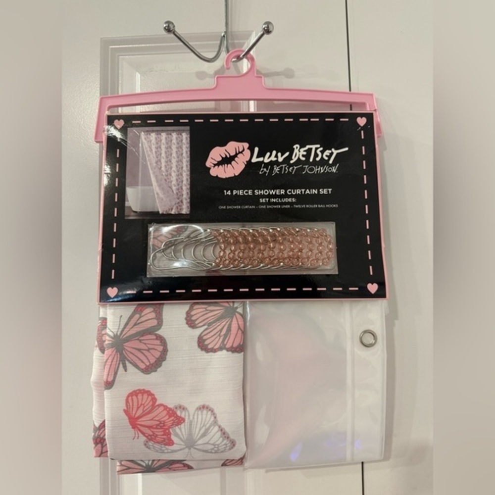 Betsey Johnson Pink and White Butterfly Shower Curtain Set NWT